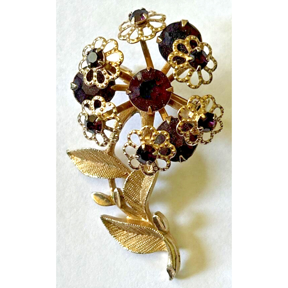 Vintage Gold Tone Purple Stone Flower Brooch SKU PB76
